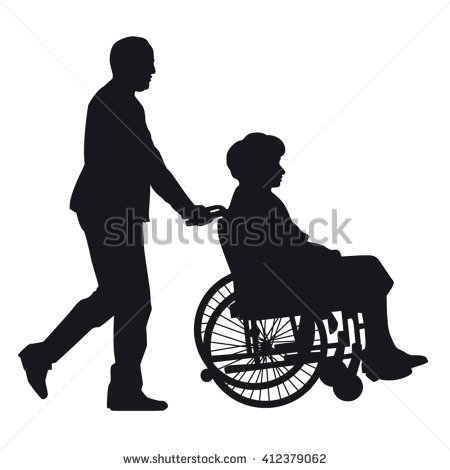 Senior Man Pushing Wheelchair With Physically Disabled Old Woman Silhouette Isolated - Pushing Wheelchair, Transparent background PNG HD thumbnail