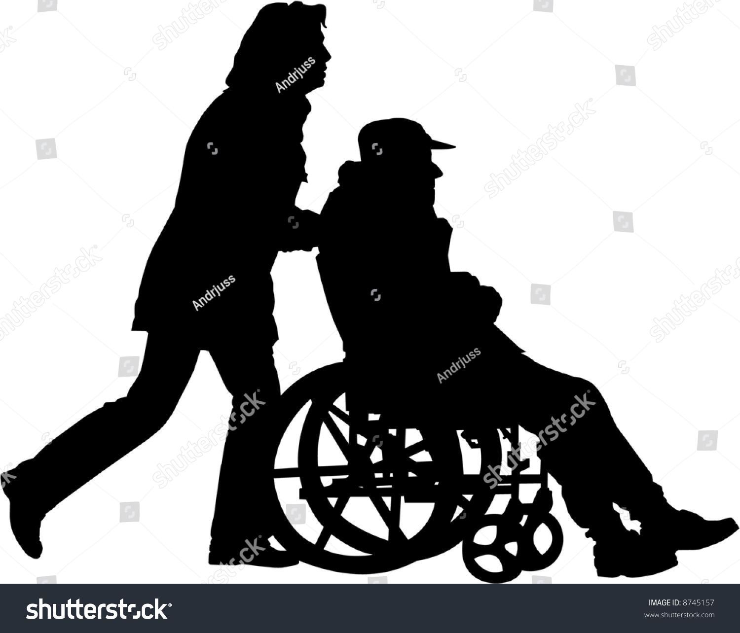 Vector Image Of Woman Pushing Man In The Wheelchair On A Walk - Pushing Wheelchair, Transparent background PNG HD thumbnail