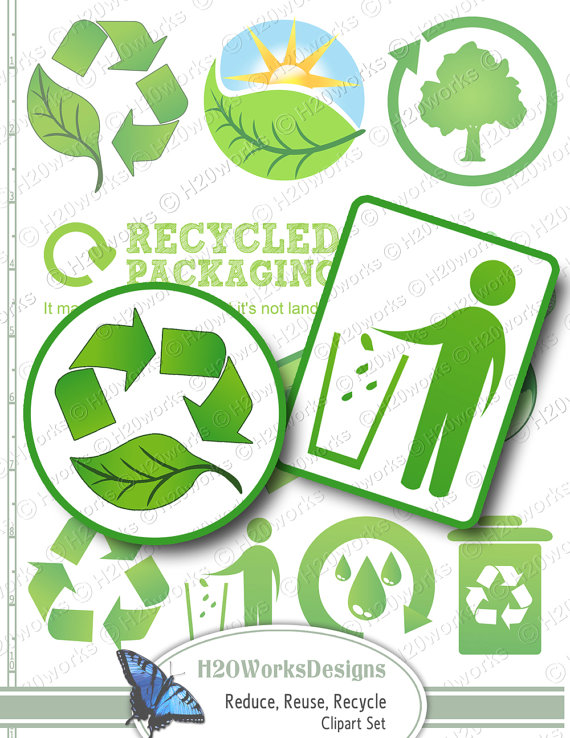 Green Reduce, Reuse, Recycle Clip Art Set   Transparent Background   Earth Day, Leaves, Trees, Instant Download - Reduce Reuse Recycle Earth, Transparent background PNG HD thumbnail