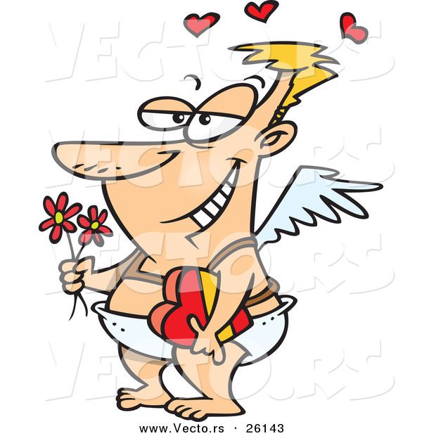 Vector Of A Drunk Love Cartoon Cupid Man Holding A Box Of Valentine Candy And Flowers By Ron Leishman   - Ron Leishman, Transparent background PNG HD thumbnail