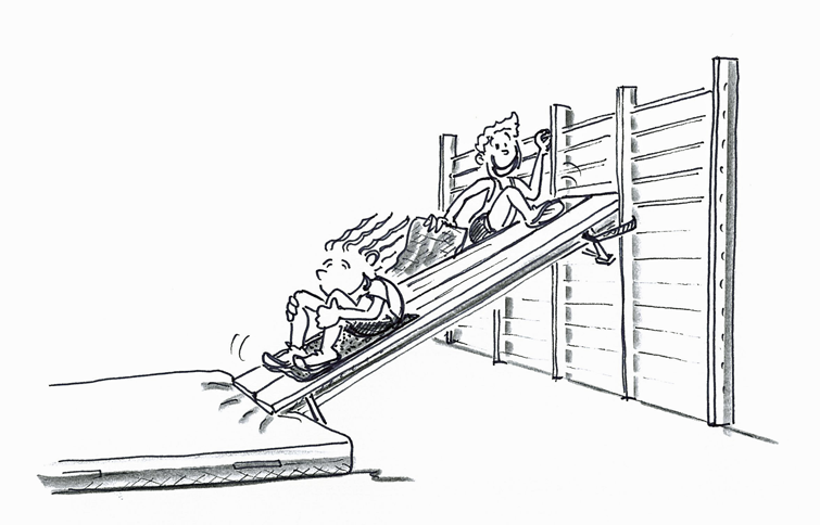 Zeichnung: Kinder Rutschen Auf Teppichresten Eine Langbank Hinunter, Die An Einer Sprossenwand Befestigt Ist - Rutschbahn, Transparent background PNG HD thumbnail