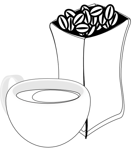 Cup Of Coffee With Sack Of Coffee Beans Black White Line Art 555Px.png - Sack Black And White, Transparent background PNG HD thumbnail