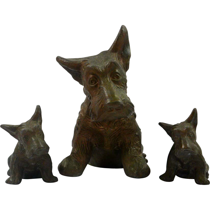 Vintage Bronze Over Copper Scottie Dog Mom And Twin Puppies - Scottie Dog, Transparent background PNG HD thumbnail