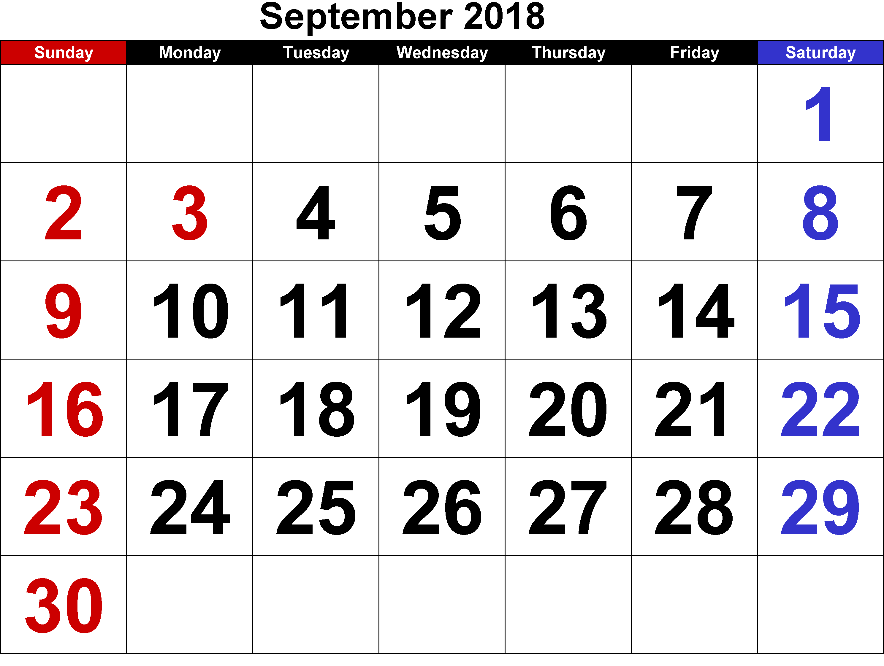 September 2018 Printable Calendar - September Calendar, Transparent background PNG HD thumbnail