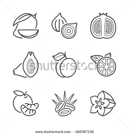Basic Fruits Thin Line Icons Set. Isolated. Black Color - Set Of Fruits Black And White, Transparent background PNG HD thumbnail