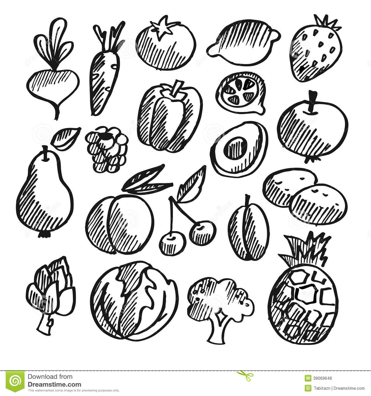 Black isolated vegetables, fruits doodle icons, Set Of Fruits PNG Black And White - Free PNG
