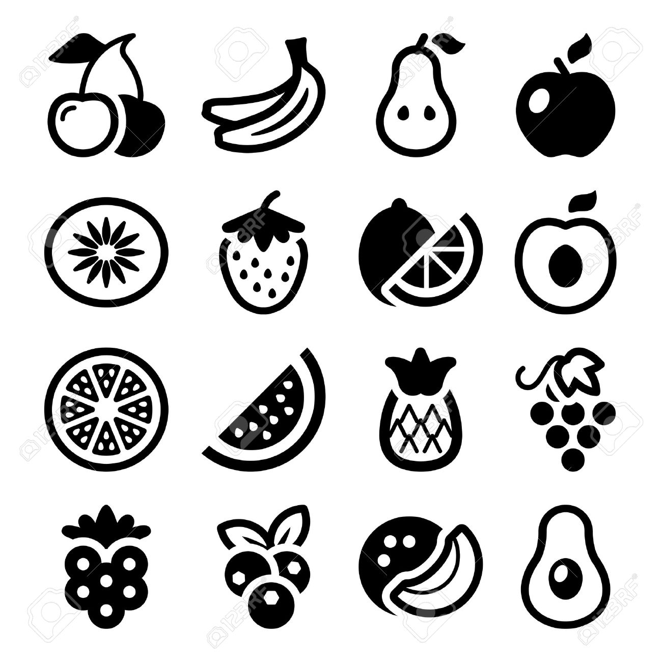 Flat Fruits Icons Set Isolated Black Color Stock Vector   27377890 - Set Of Fruits Black And White, Transparent background PNG HD thumbnail