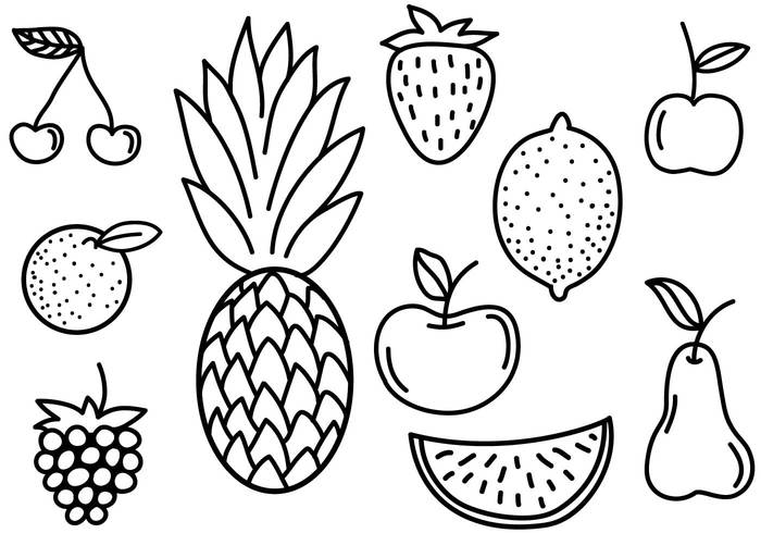 This Is A Set Of Free Doodle Fruits Including: Ananas (Pineapple), Apple, Orange, Strawberry And Others - Set Of Fruits Black And White, Transparent background PNG HD thumbnail