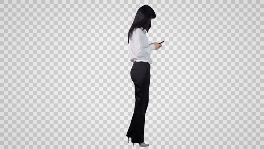 Standing Woman Surfs The Internet By Smart Phone. Side View (On Alpha Matte) - Side View Of A Person Standing, Transparent background PNG HD thumbnail