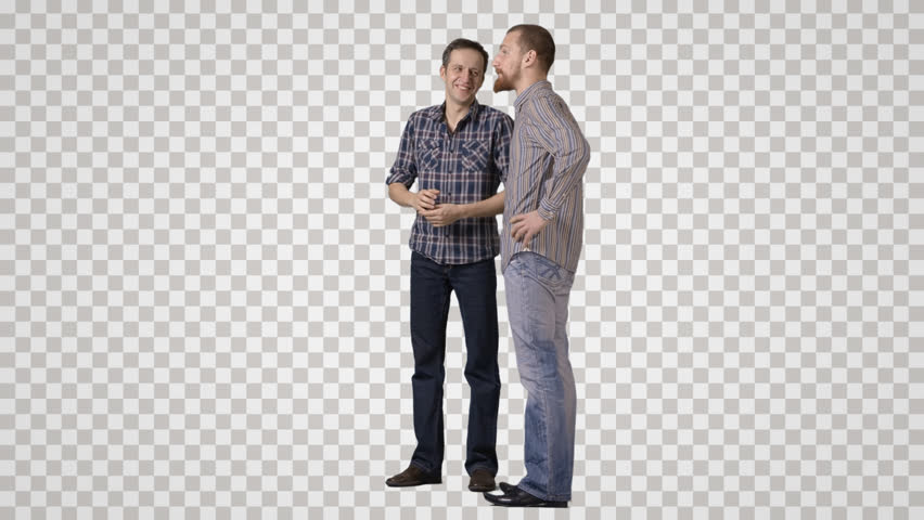 Two Men In Casual Clothing Stand Side By Side, Talks, Laugh Side View. - Side View Of A Person Standing, Transparent background PNG HD thumbnail