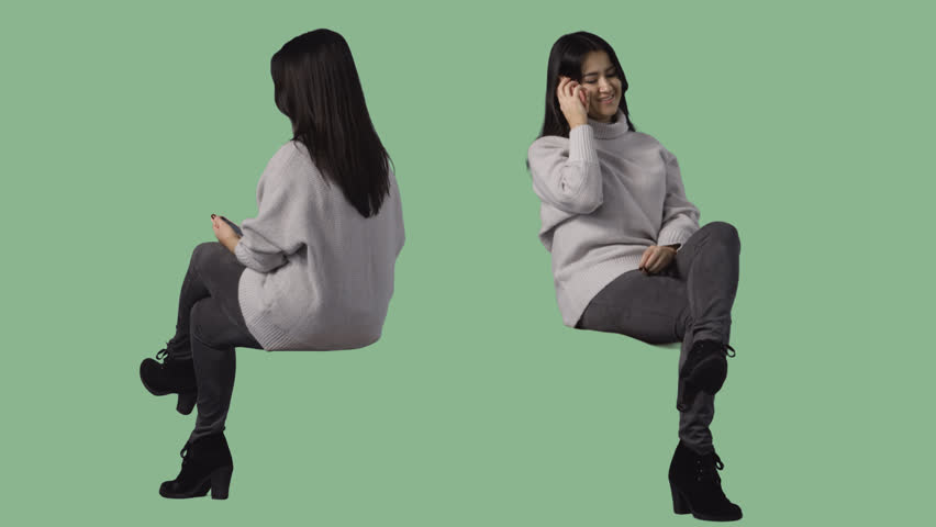 Brunette Woman Is Sitting And Talking By Cellphone. Pre Keyed Green Screen Video. - Sitting, Transparent background PNG HD thumbnail