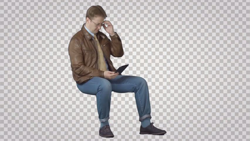 Man Sitting With Pc Tablet. Green Screen Footage. File Format   .mov. - Sitting, Transparent background PNG HD thumbnail