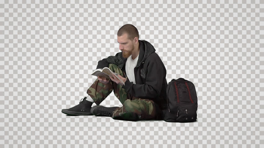 Young Hiker With Knapsack Sits On Floor, Reads Book U0026 Waits. Side View. - Sitting, Transparent background PNG HD thumbnail