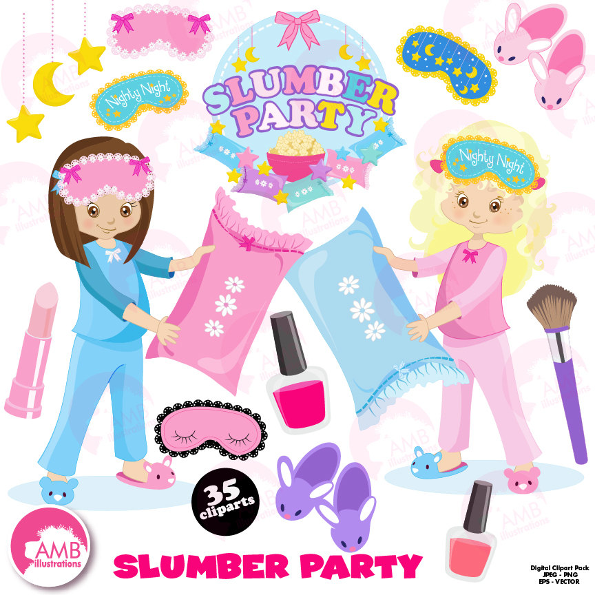 Slumber Party, Girls Sleep Over, Pyjama Party Clipart, Birthday Party Clipart, Commercial - Slumber Party, Transparent background PNG HD thumbnail