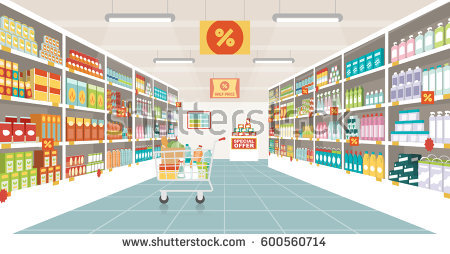 Supermarket Aisle With Shelves, Grocery Items And Full Shopping Cart, Retail And Consumerism Concept - Store Shelf, Transparent background PNG HD thumbnail