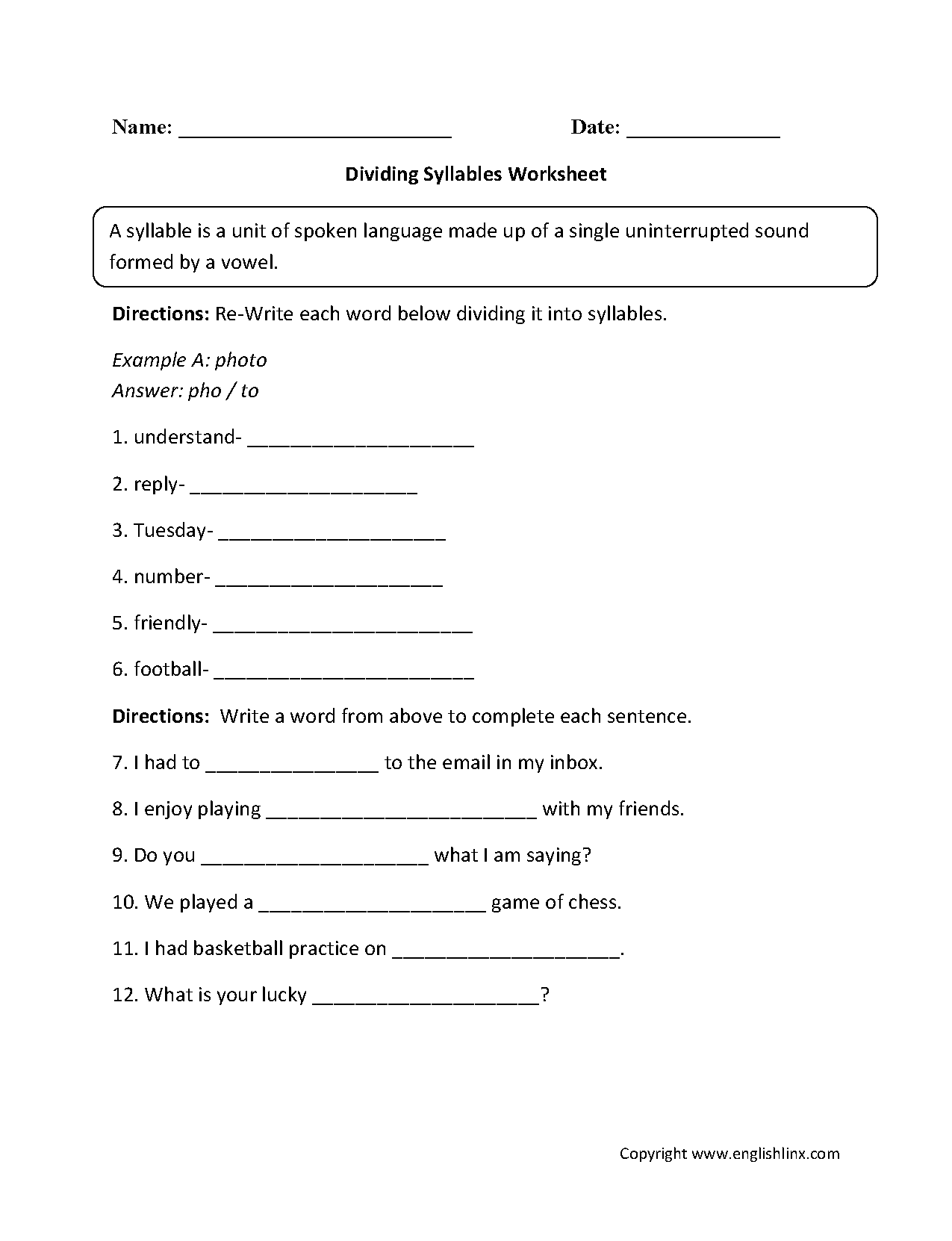 Syllable Words Worksheet