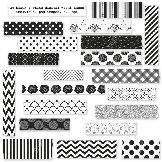Black And White Washi Tape Clip Art Set   Printable Digital Clipart   Instant Download - Tape Black And White, Transparent background PNG HD thumbnail