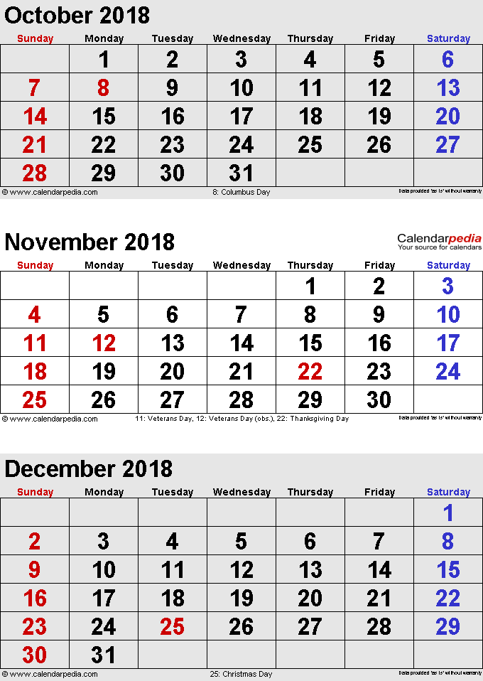 3 Months Calendar October/november/december 2018 In Portrait Format - Thursday September 19 Calendar, Transparent background PNG HD thumbnail