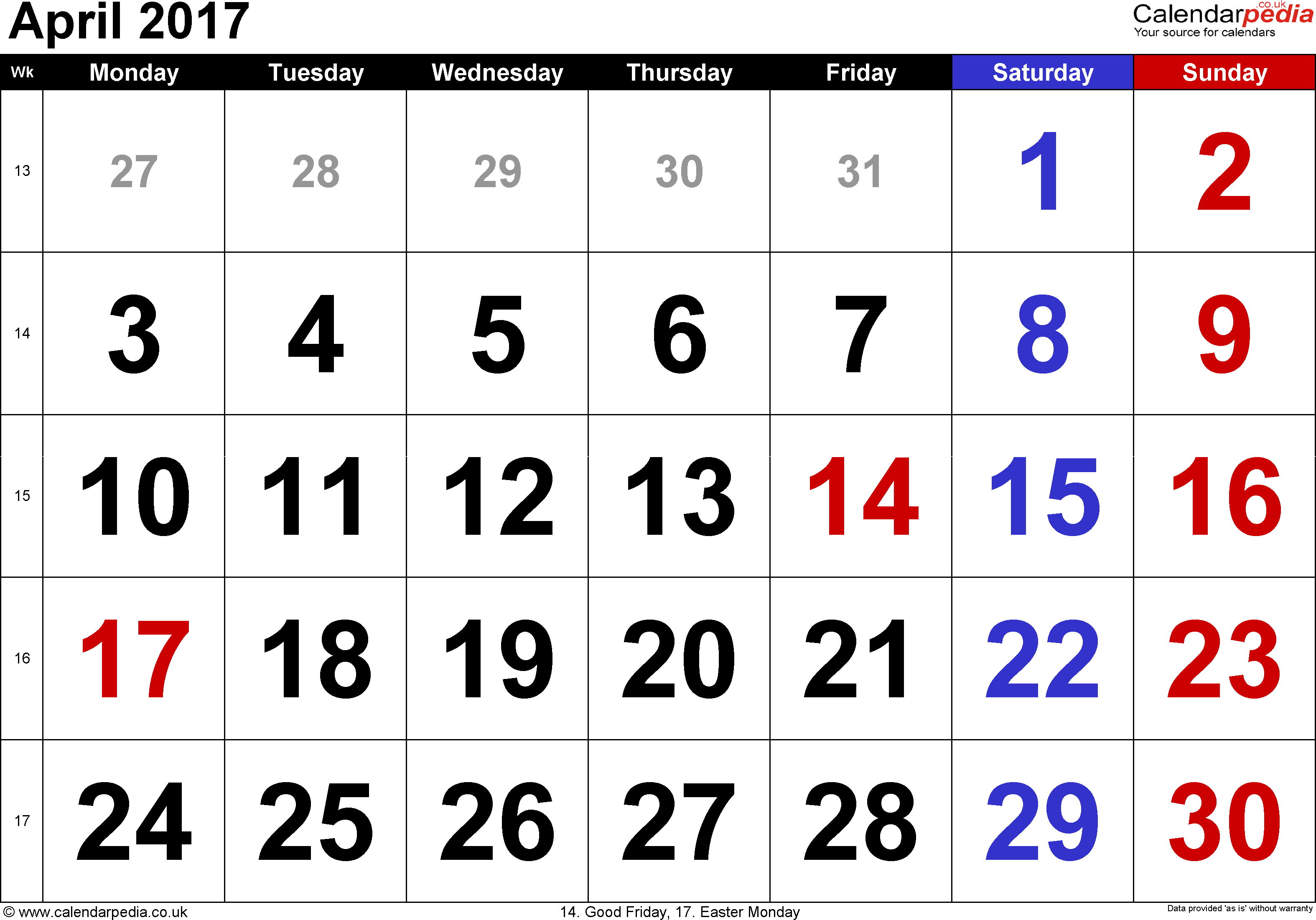 Calendar April 2017, Landscape Orientation, Large Numerals, 1 Page, With Uk Bank - Thursday September 19 Calendar, Transparent background PNG HD thumbnail