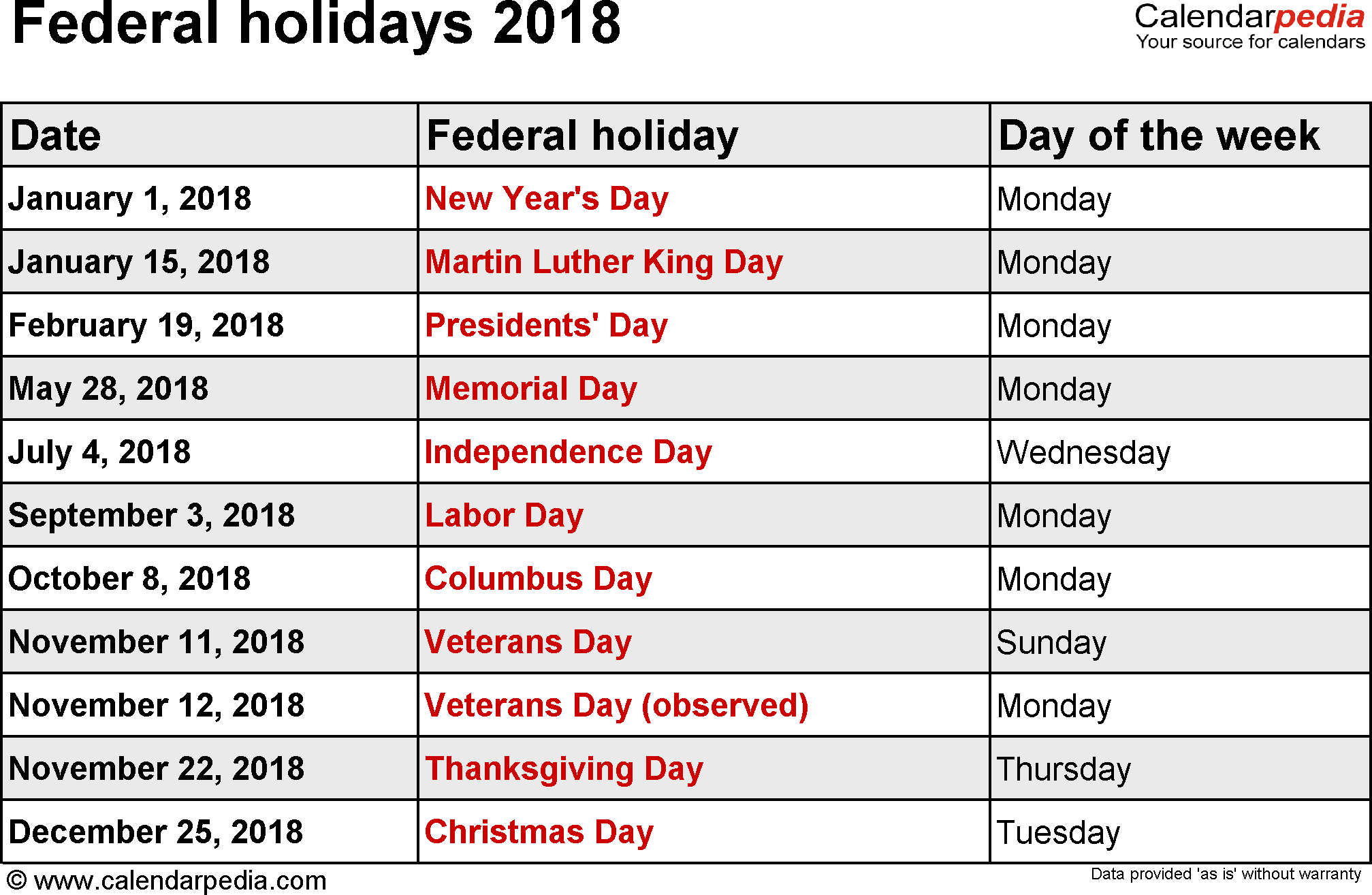 Federal Holidays 2018 As Templates For Word, Excel U0026 Pdf - Thursday September 19 Calendar, Transparent background PNG HD thumbnail