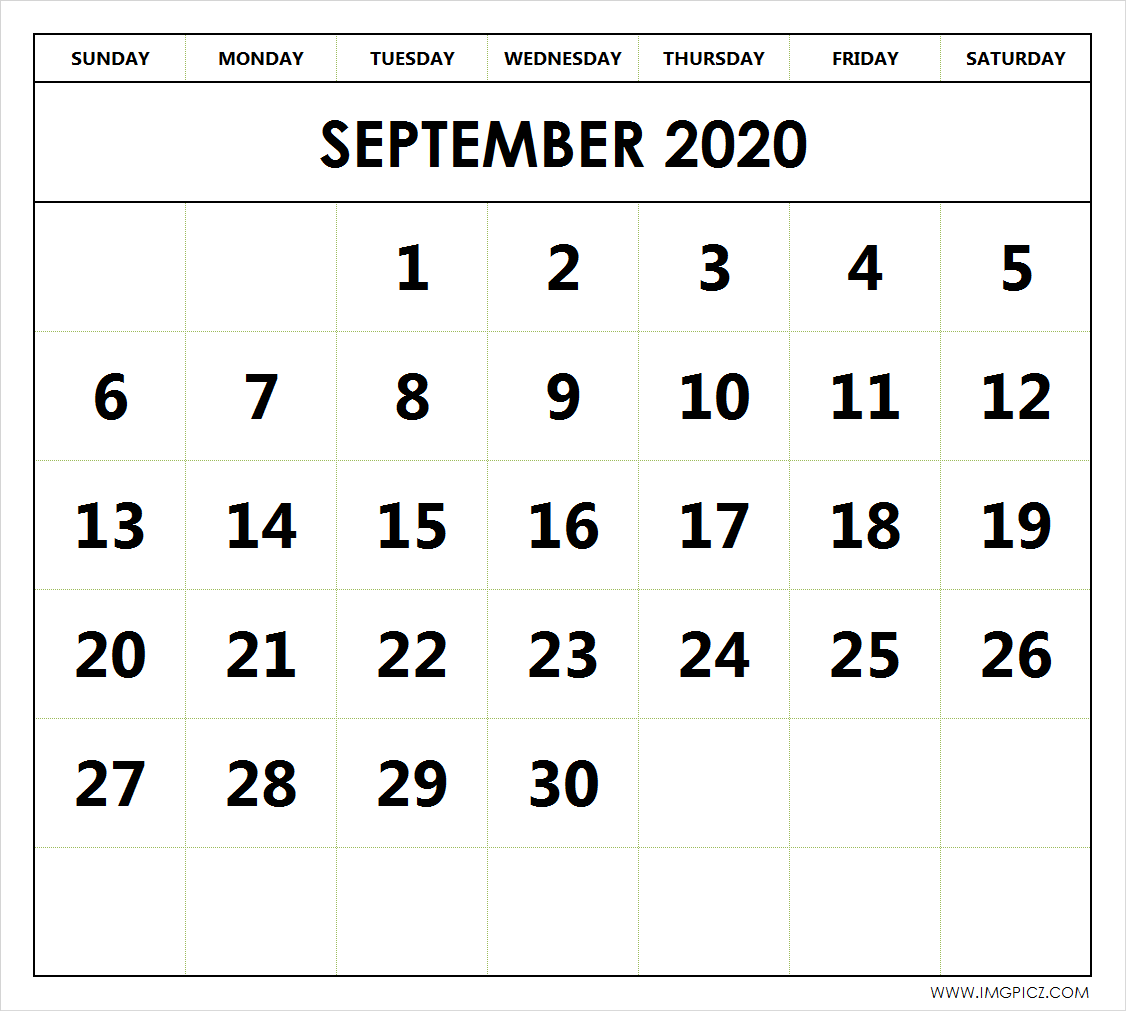 Print Blank September 2020 Calendar Png - Thursday September 19 Calendar, Transparent background PNG HD thumbnail