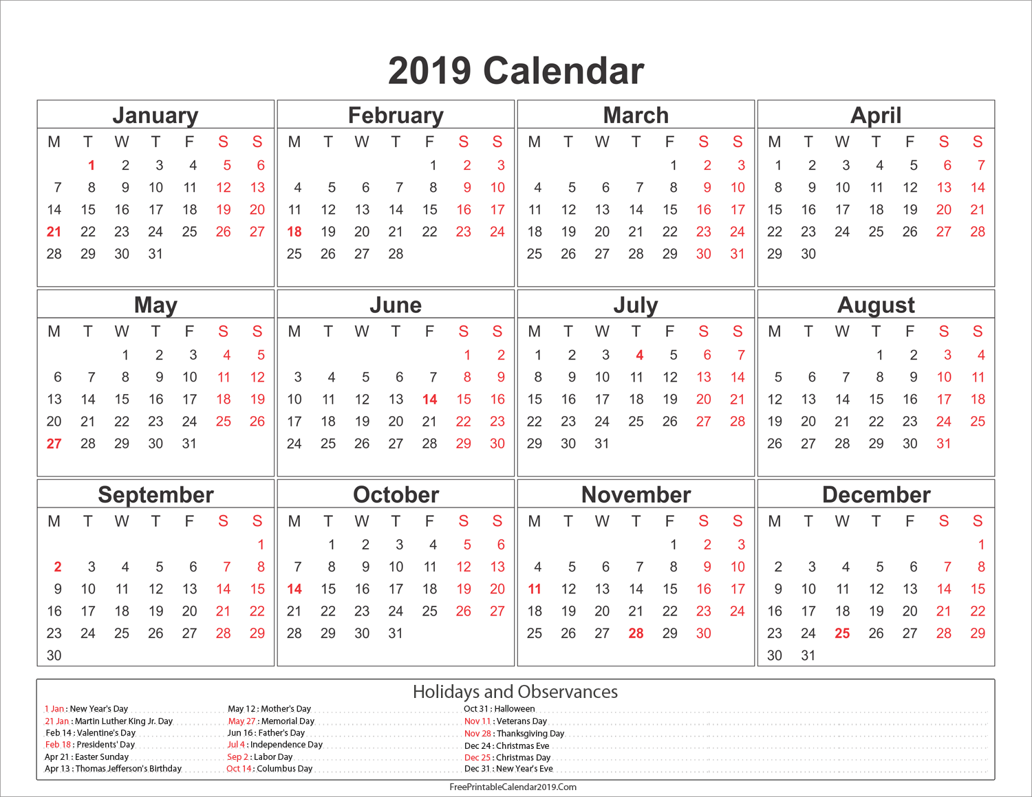 Yearly 2019 Calendar With Holidays - Thursday September 19 Calendar, Transparent background PNG HD thumbnail