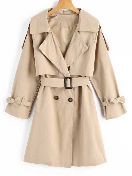 Unique Belted Bowknot Button Up Trench Coat   Light Khaki S - Trench Coat, Transparent background PNG HD thumbnail