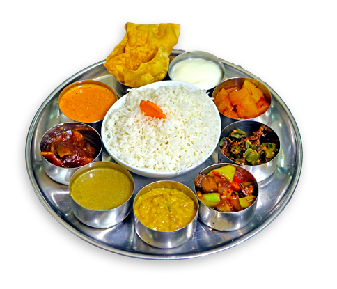 Veg Thali. Fish Curry