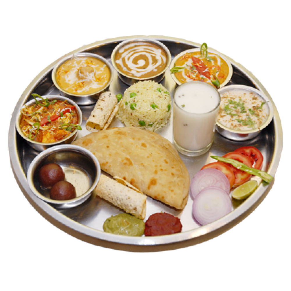 Veg Thali [ 5 Roti, Dal, Rice, Salad, Veg, Chass, - Veg Thali, Transparent background PNG HD thumbnail