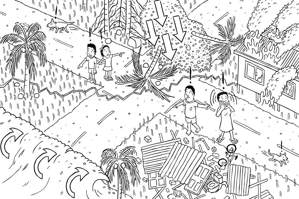 Black And White Cartoon Isometric Earthquake, Tsunami, Landslide. High Angle Of Village Affected - Village Black And White, Transparent background PNG HD thumbnail