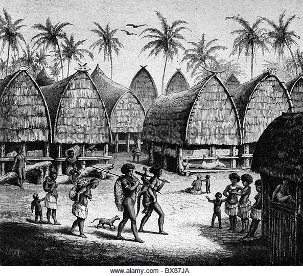 Geography / Travel, Papua New Guinea, Mapua Village, Wood Engraving After Drawing By - Village Black And White, Transparent background PNG HD thumbnail