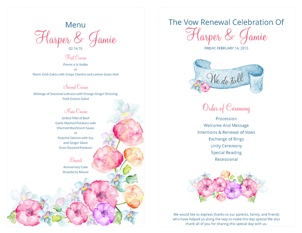 Ceremony Program And Menu   Watercolor Flowers Vow Renewal Invitation Suite - Vow Renewal, Transparent background PNG HD thumbnail