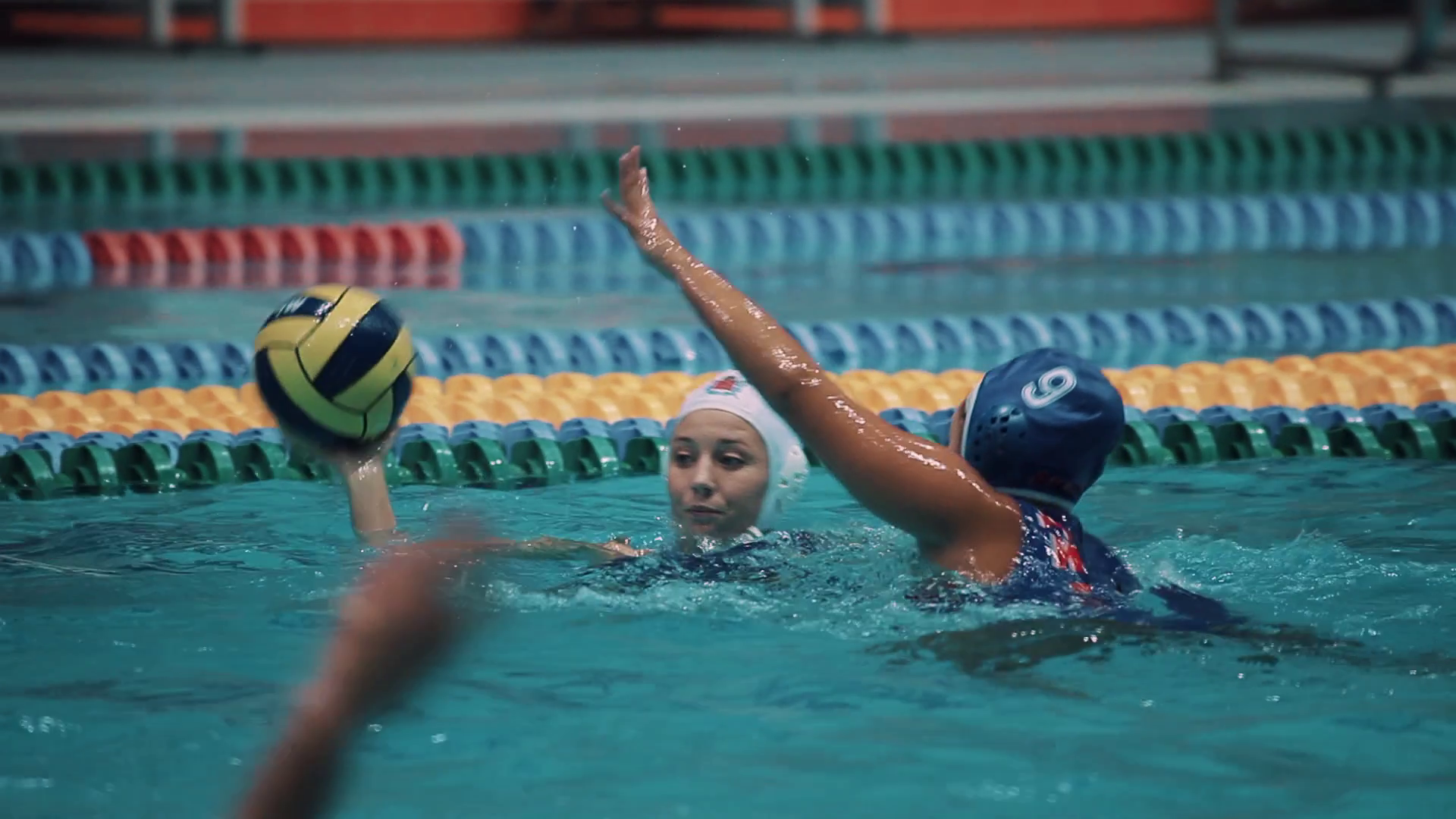Female Water Polo Player In White Cap And Blue Swimsuit Fight To Pass Ball At Game In Swimming Pool Stock Video Footage   Videoblocks - Water Polo, Transparent background PNG HD thumbnail