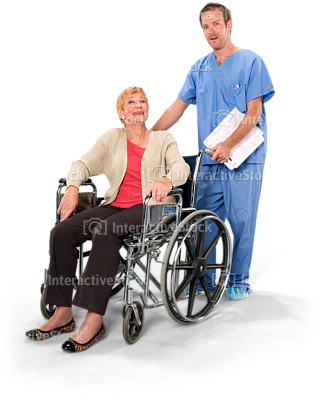 Elderly woman in a wheelchair with a doctor wearing scrubs, Wheelchair Elderly PNG - Free PNG