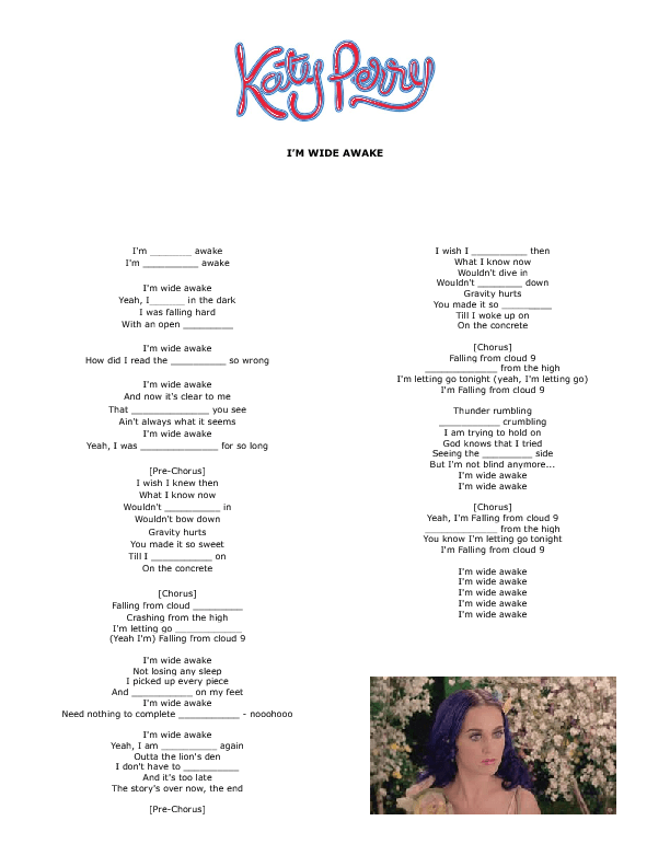 Song Worksheet: Iu0027M Wide Awake By Katy Perry - Wide Awake In Bed, Transparent background PNG HD thumbnail